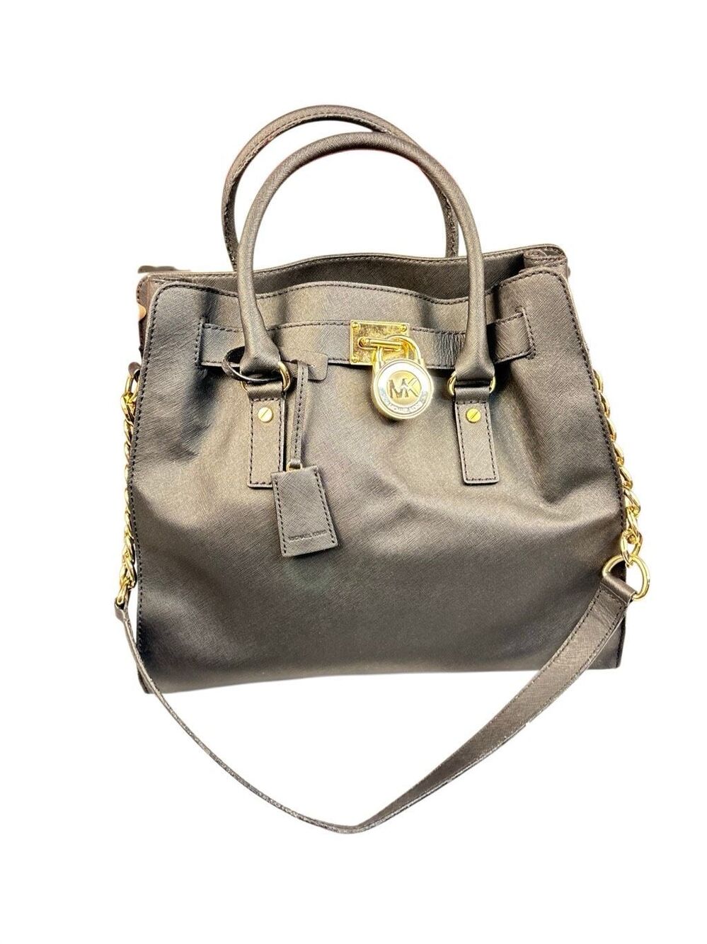 Michael Kors Hamilton Large Satchel Black Saffiano Leather Shoulder Bag Lock Gol